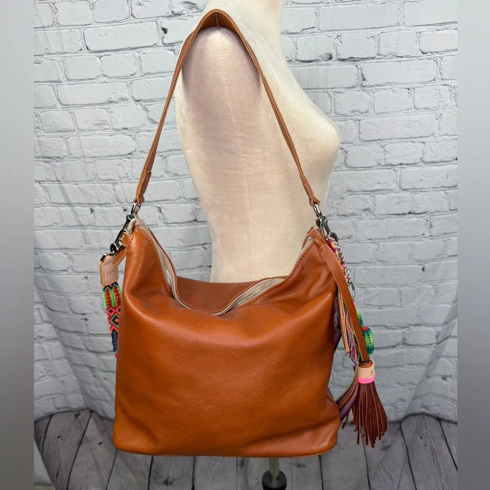 Consuela Brown Leather Hobo with Pink & Orange Accent Strap - Picture 3 of 8